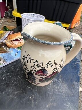 Vintage Hand-Painted Cream Ceramic Pitcher with Vine and Birdhouse Motif